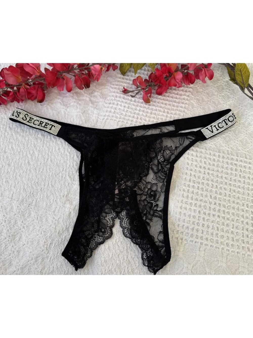 VICTORIA'S SECRET M BLACK VERY SEXY HI LEG RHINESTONE BRAZILIAN PANTIES OPEN NWT